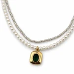 گردنبند زنانه دو ردیفه مرواریدی آویز سبز طلایی Emerald Pearl Duo - تصویر 2