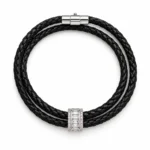 دستبند مردانه چرمی مشکی دو دور نگین‌دار نقره‌ای Crystal Wrap